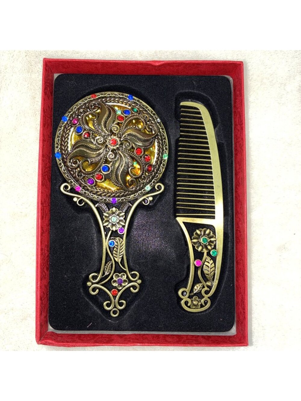 Vintage Style Purse Size Bejeweled Hand Mirror Comb Set Original Box Metal #a